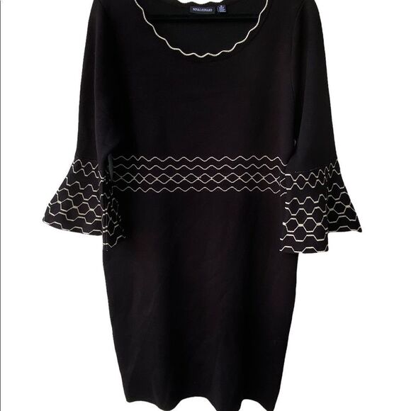 Nina Leonard Wm’s Sz XL Black Gold Thick Knit Scalloped Bell Sweater Dress - Picture 2 of 5